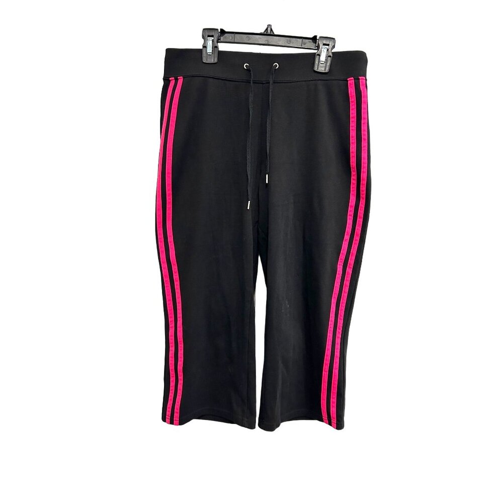 G.W. Womens Black Cropped Athletic Pants Pink Stripes Sz M Drawstring Waist